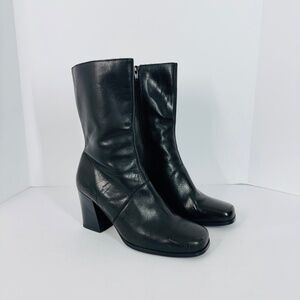 Del Celine Vtg Y2k Black Leather Ankle Boots Block Heel Zip Size 7 Casual Grunge